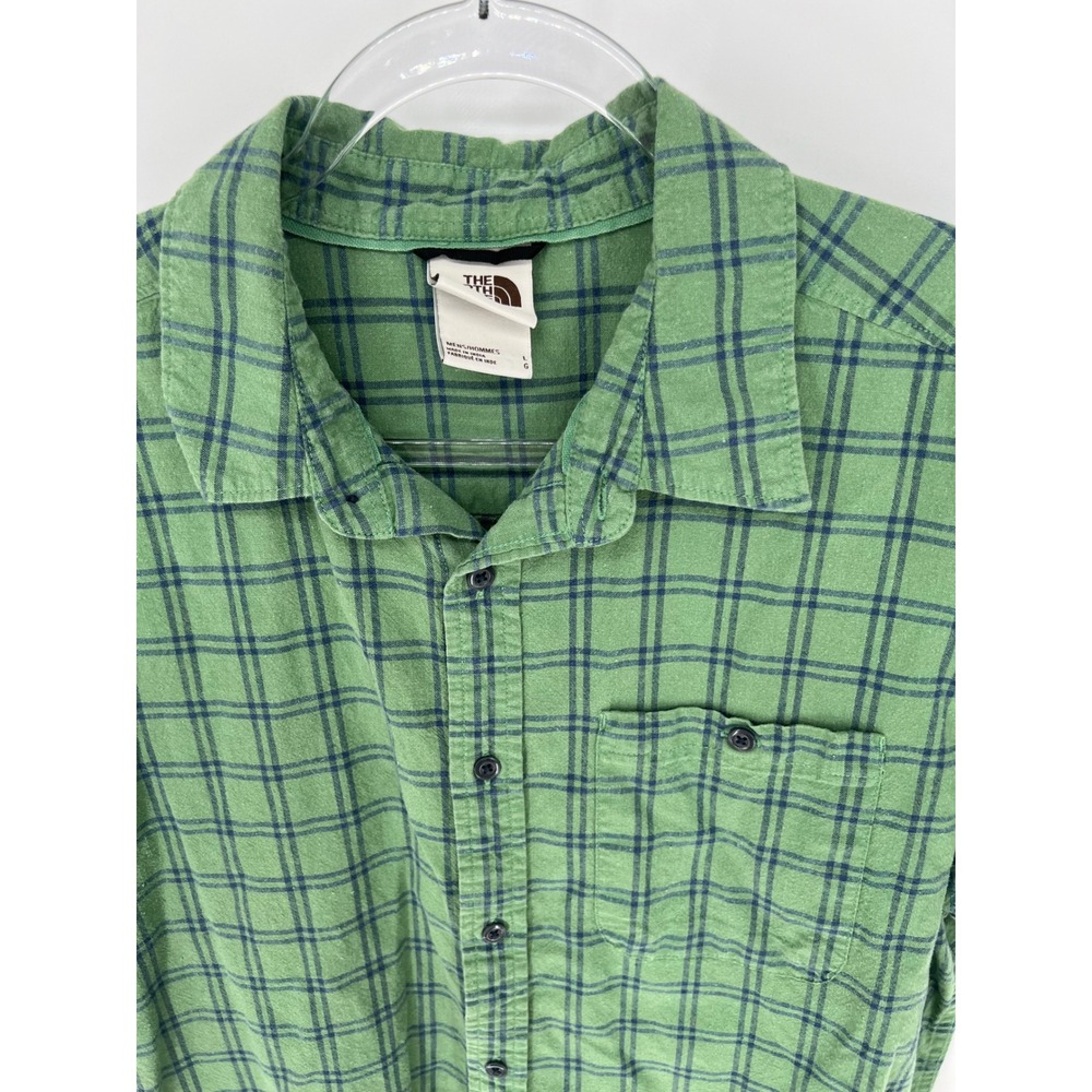 THE NORTH FACE Button Down Shirt Mens Large Green Plaid Hemp Blend Short Sleeve - Picture 9 of 13